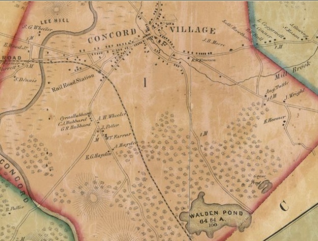 Detail of 1852 map, showing Concord and Walden Pond. Library of Congress
